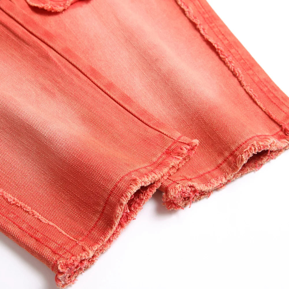 Men Multi Pockets Cargo Denim Jeans Red Fringe Non Stretch Cotton Pants Slim Straight Trousers 240814