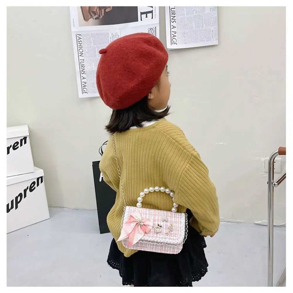 Cute flower pearl handbag childrens shoulder bag bow childrens square cross shaped bag baby girls wallet exchange handbag W240813