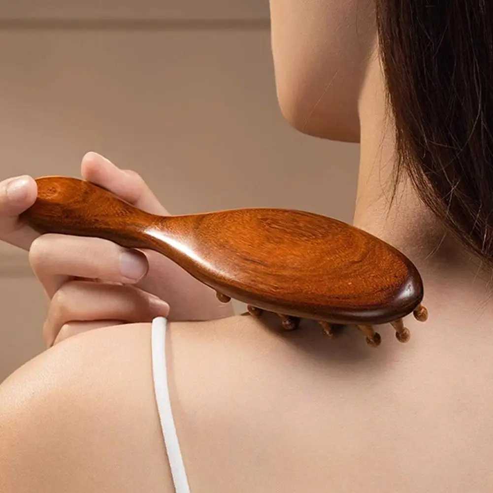 Golden Sandalwood Comb Head Meridian Comb Natural Sandalwood Long Handle Comb Multi functional Insertion Tooth Massage Comb W240813
