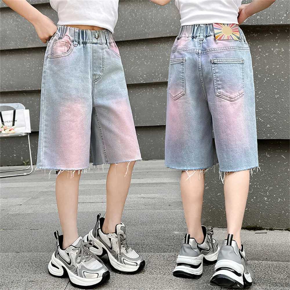 2405 Girls Jeans Printed Youth Denim Shorts Jeans Fashion Childrens Summer High Quality Powder Blue Original Edge Jeans W240813