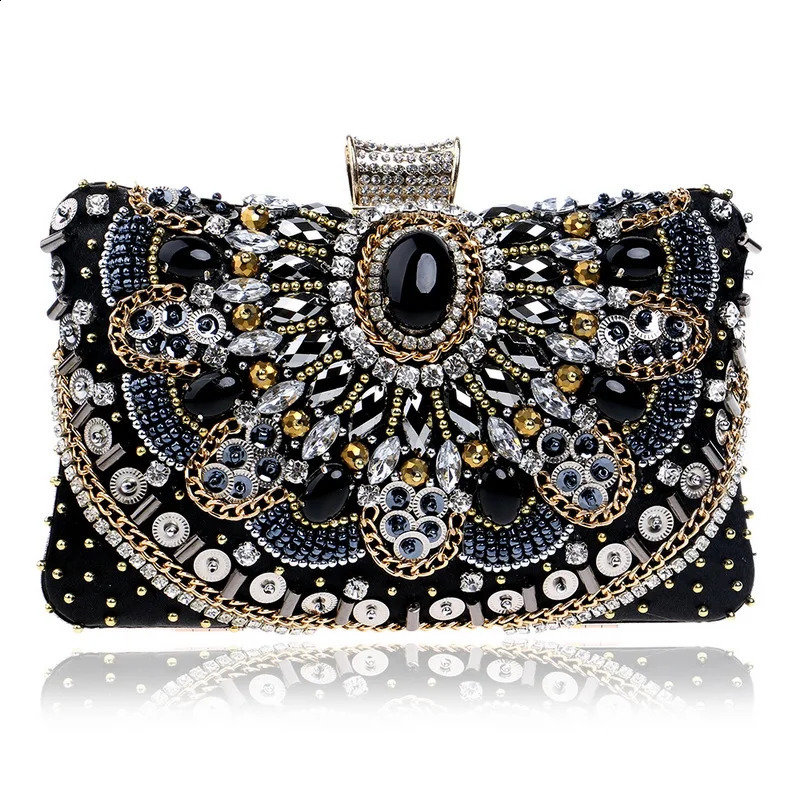 Vintage Women Black Beaded Evening Clutch Bags Ladies Box Metal Clutches Wedding Cocktail Party Handbags Purses 240813ZYl
