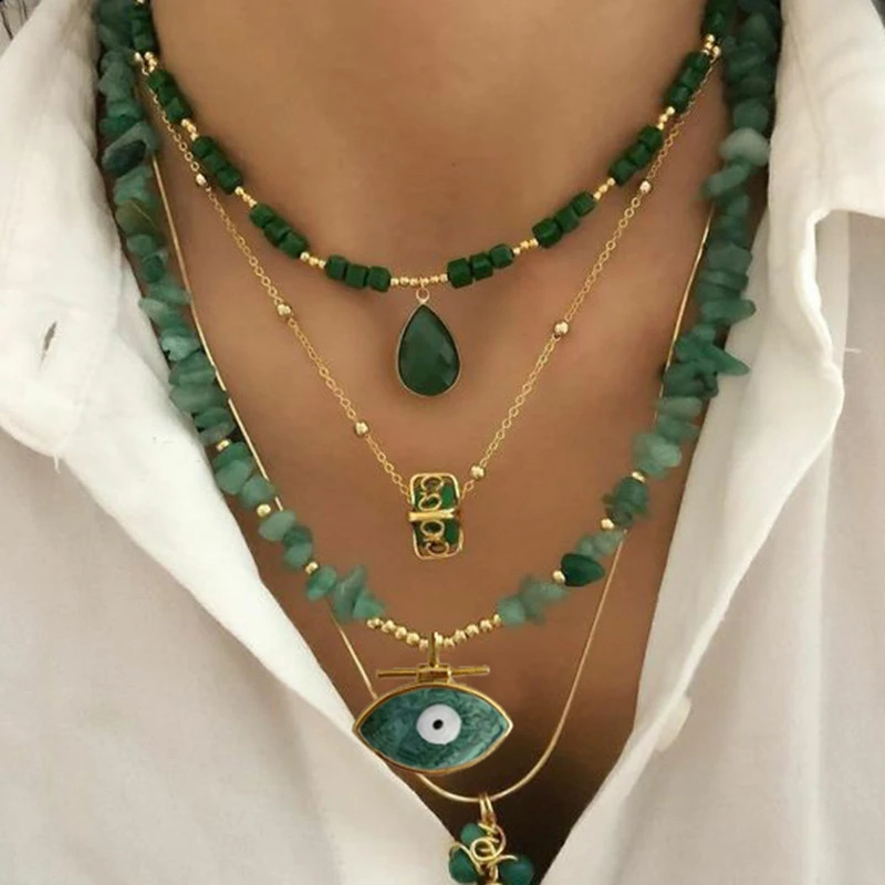 bohemian Green Gravel Natural Semi Stone Necklace Womens Fashion Jewelry collares pendant 240813