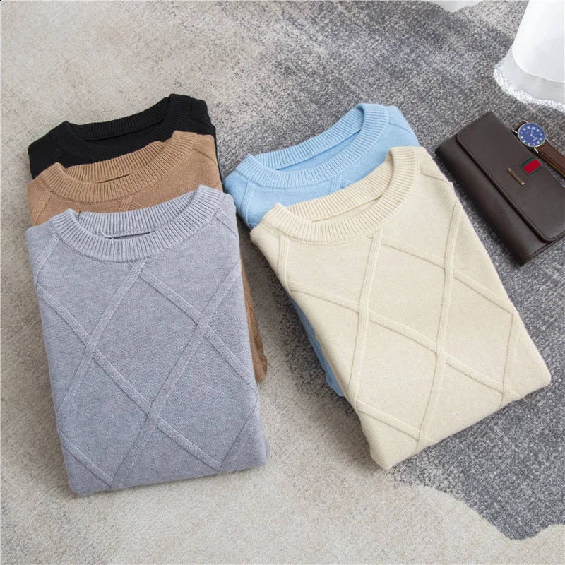CAIXINGLE Round Neck Large Plaid Knitted Sweater Mens High-End Woolen Sweater Pullover Loose Comfortable Top 240821