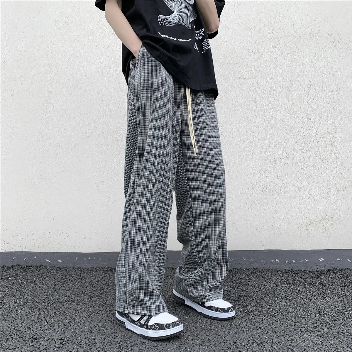 SummerAutumn Plaid Pants Men Loose Casual Straight Trousers for MaleFemale Harajuku Hip-hop Streetwear Wide-leg Mopping Pants 240814