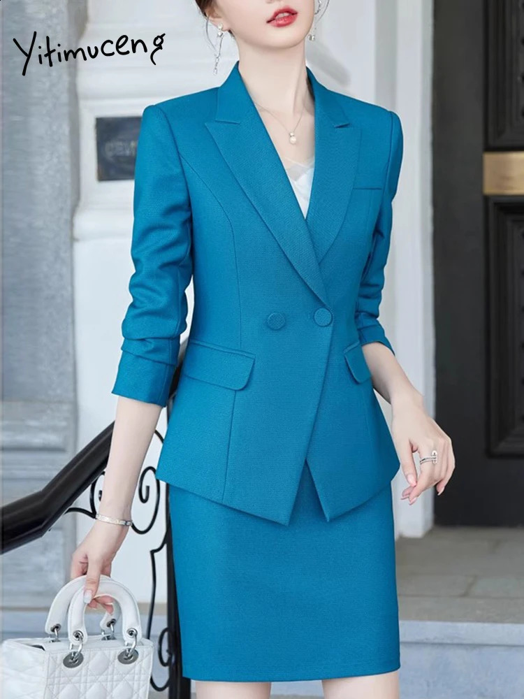 Yitimuceng Formal Blazer Suit for Women Double Breasted Notched Office Wear Women High Waisted Skirts Slim Pants 2 Piece Sets 240813