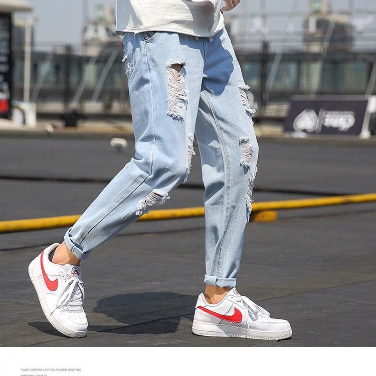 Summer thin cut ripped jeans for men, loose fit, 9-inch fat, trendy brand, plus size 1 pounds pants, beggar carrot pants