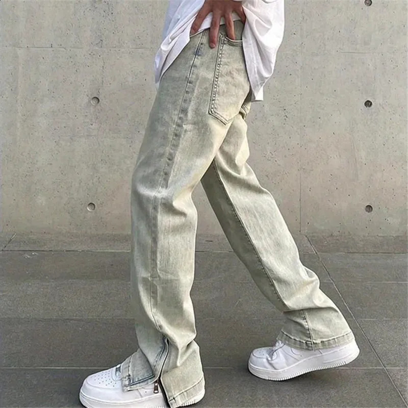 Jeans Mens Y2K Vintage Straight Leg Pants Solid Color Button Pocket Split Zipper Loose Trousers Spring Summer Male Clothing 035 240814