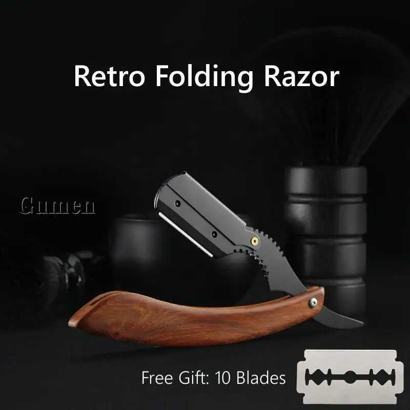 MenS Replaceable Blade Razor With 10pcs Blades Kit Manual Folding Beard Shaving Razor Sourwood Handle Barber SHAVER SetM240814