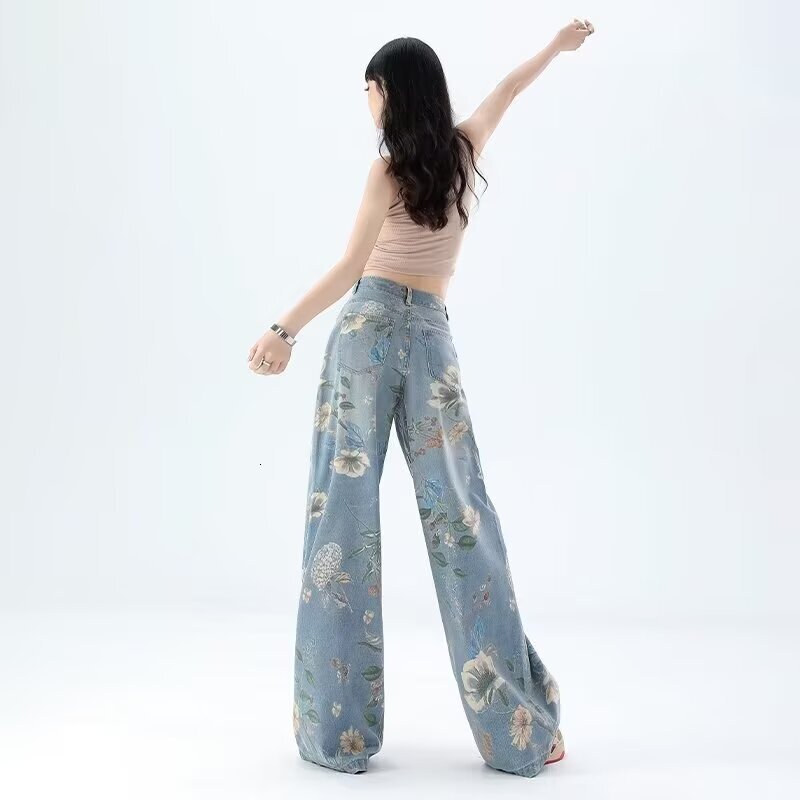 American printed wide women's designer jeans, 2024 summer new high waisted slim fit loose straight leg pants