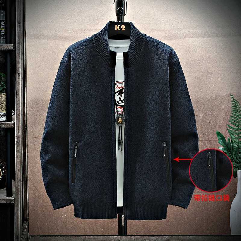 Mens sweater cardigan wool sweater new autumn/winter knitted solid color stand up collar zipper pocket warm parachute jacket cold coatW240729