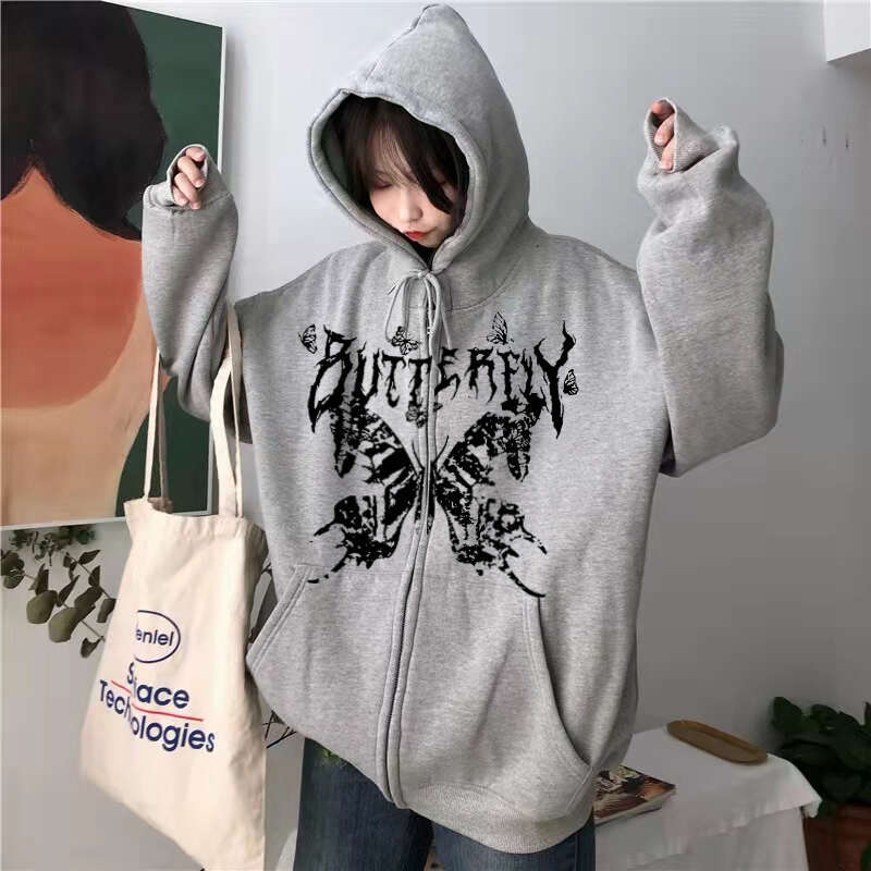 Loose 90s Long Sleeved Women Zipper Sweatshirt Y2K Hip Hop Style Punk Gothic Zip Hoodie Female Plus Size Jacket Coast