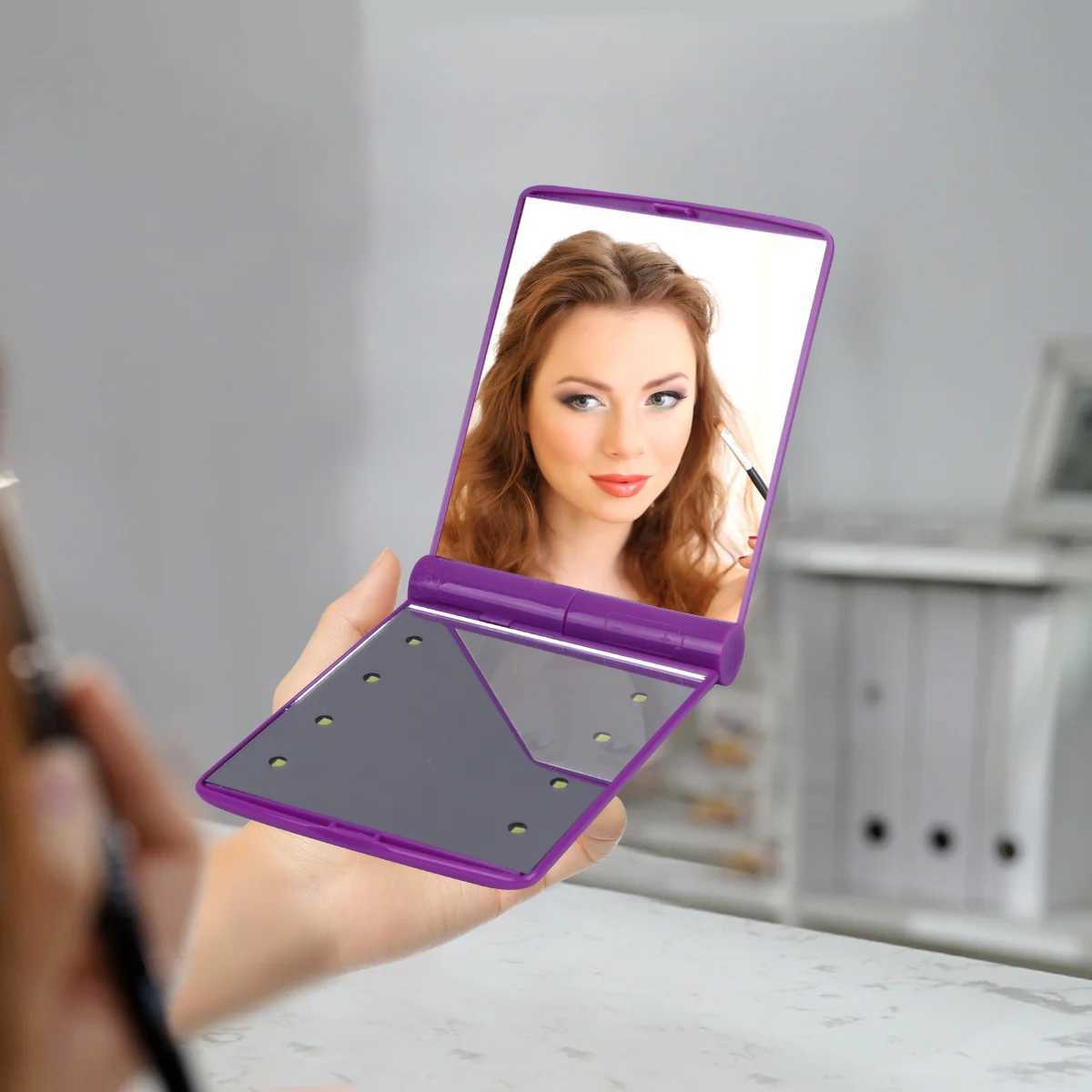 Folding LED vanity mirror double-sided makeup folding small wallet hand-held portable pocket blue W240813