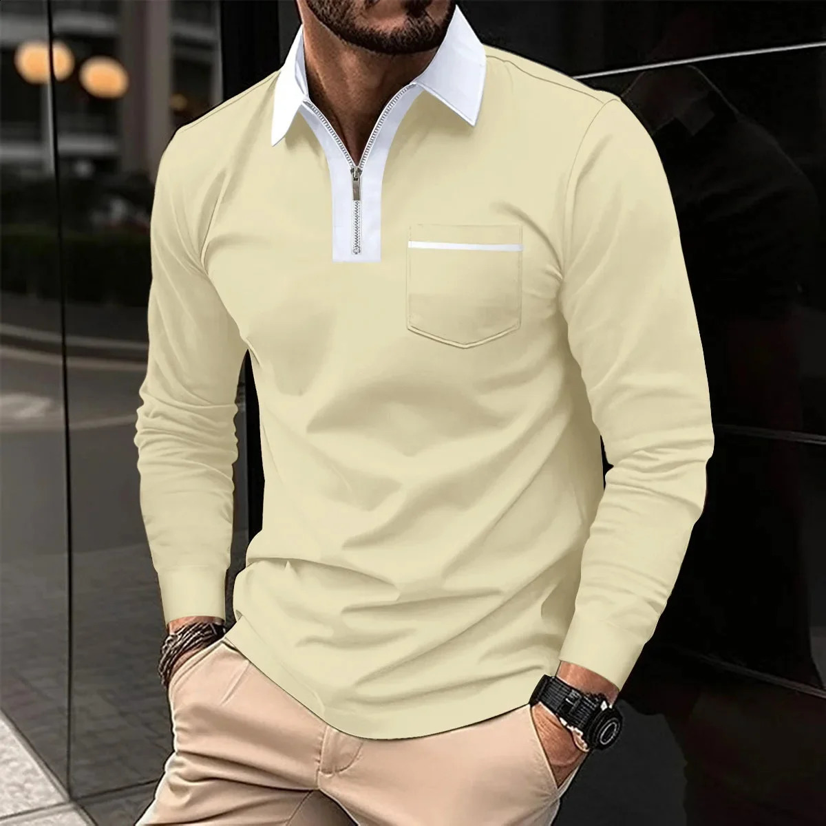 n collar pocket striped versatile loose fit for all seasons mens long sleeved zipper polo shirt MB14 240820