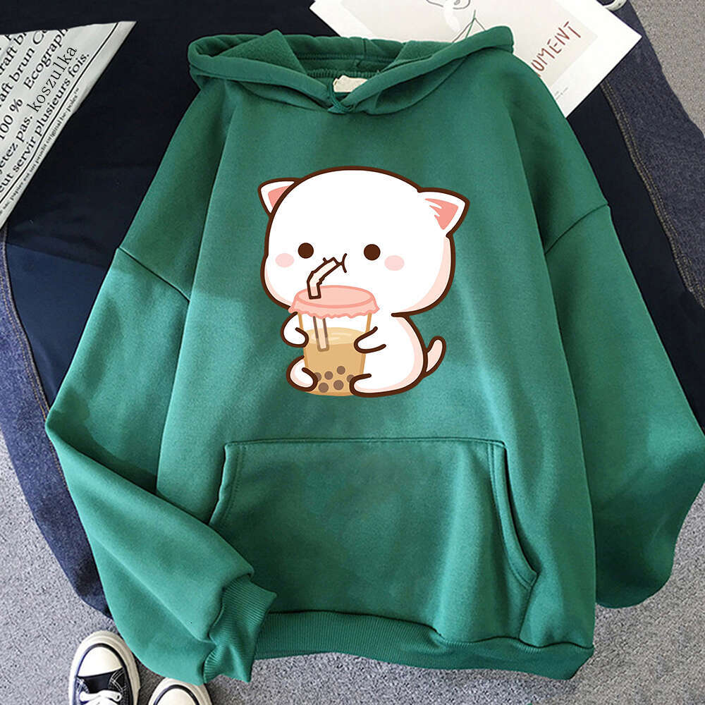 Hoodies Women's Peach And Rubber Haruku Kawaii Sweatshirt Cat Drink Milk Tea Autumn Winter Plus Size Pullover Unisex Clothes