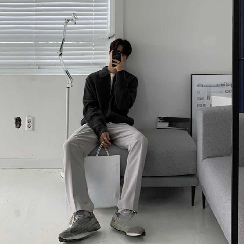 Korean high-quality youth polo neck sweater mens winter thick loose half zipper sweater autumn and winter Japanese retro brandW240729