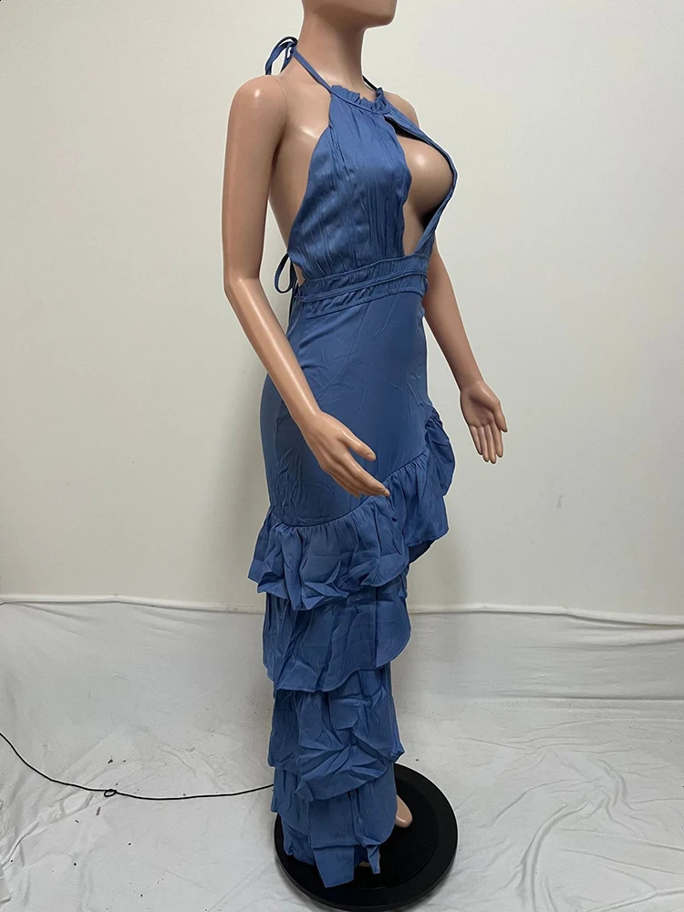 Woman Summer Dress High Waist Evening Party Halter Vintage Blue Dress A-line Tiered Ruffle Prom Sexy Long Backless Dress 240814