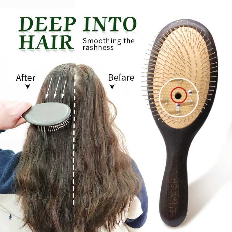 Steel hair brush womens scalp massage pad wooden hair brush metal stainless steel pin shaped comb used for curling hair and hair styling W240813