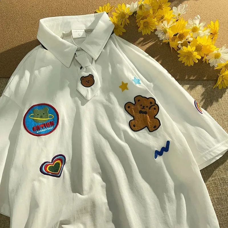 Women Cute Cartoon Bear Appliques POLO Collar T-Shirt Summer Aesthetic Kawaii Harajuku Loose Korean Style Student Blouse Female 240814