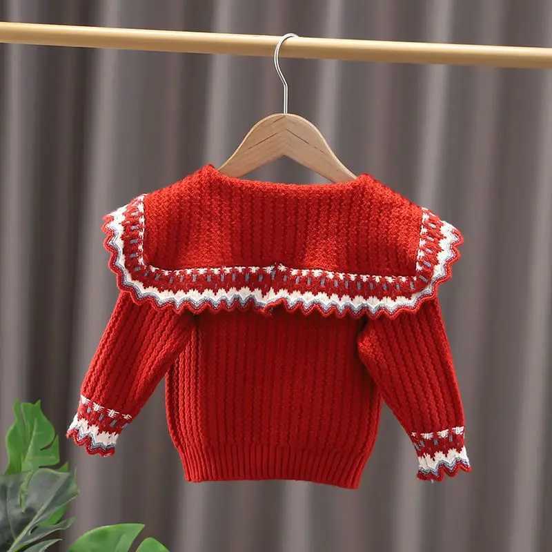 Girls knitted cardigan wool sweater 2023 autumn and winter new childrens clothing childrens sweater doll collar jacket W240813