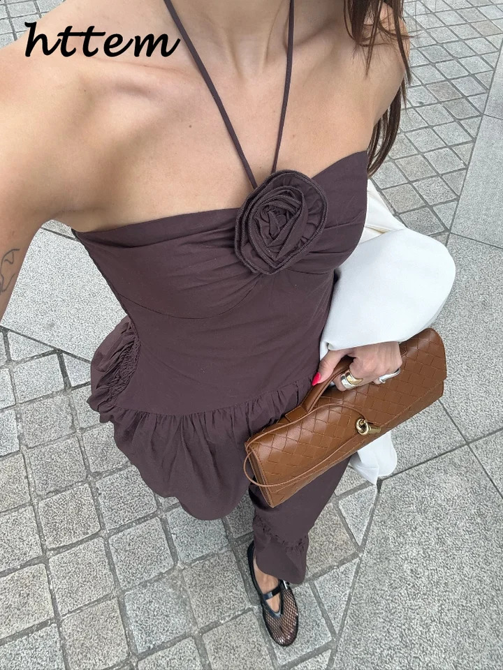 Elegant 3d Flower Halter Long Dress Women Slim Sleeveless Backless Pleated Holiday Dresses 2024 Summer Lady Solid Cotton Robes 240814