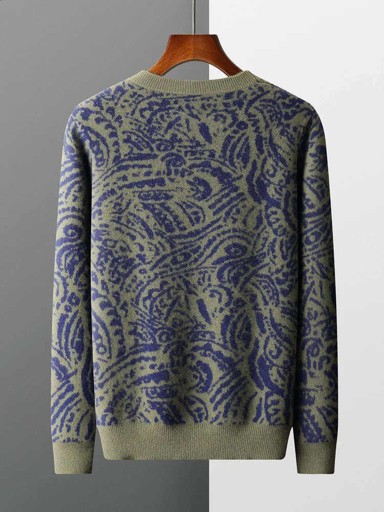 Autumn Winter Man 100% Wool Cashmere Sweater National Style Jacquard Thickened Jumper O Neck Pullover Leisure Long-Sleeved Top 240821