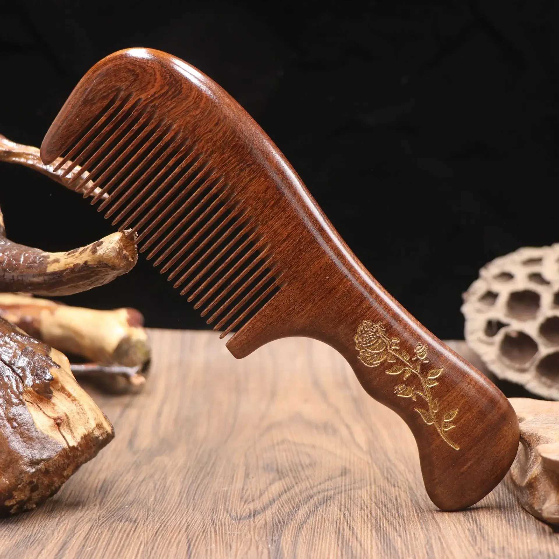 Golden Sandalwood Comb Crescent 16cm Static Comb Curling Wood Brush W240813