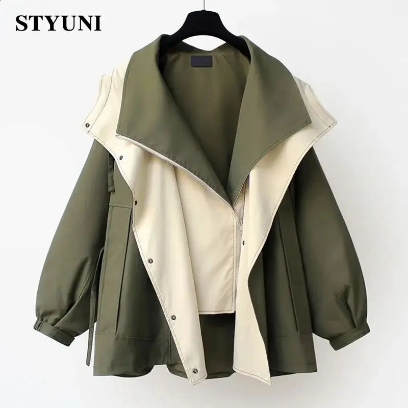 Green Color Block Asymmetric Long Sleeve Cotton Outercoat Womens Jacket Trench Coat Korean Fashion Jackets For Women Winter 240813