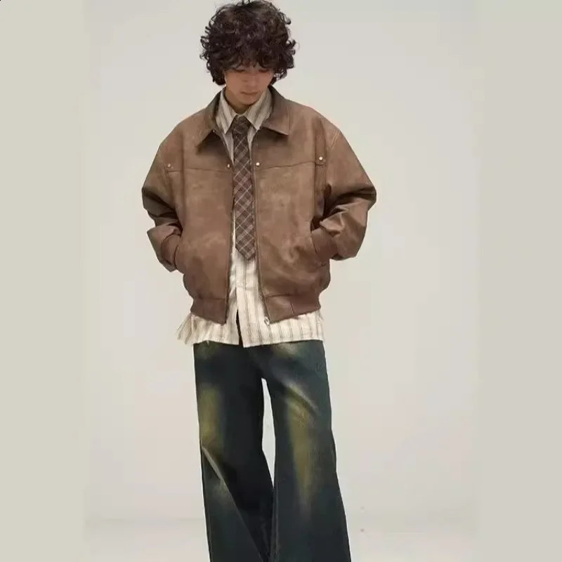 Spring Autumn Style American Vintage Distressed Brown Leather Jacket For Men High End Feel Clean Fit Jacket o240814