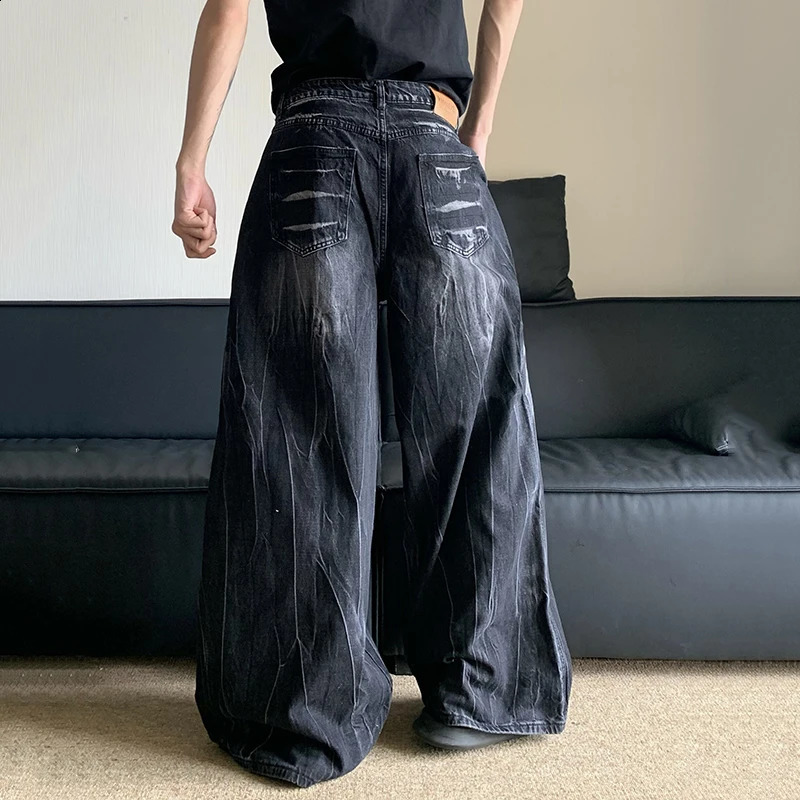 FEWQ American Cleanfit Washed Old Lightning Pattern Vibe Loose Wide Leg Pants Jeans Male Trousers Fashion 24E1568 240821