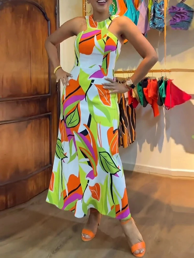 Elegant Sexy Womens Dresses Slim Fitting Off Shoulder Long Dress with Summer Sleeves Ladies Print Halter Neck Birthday Dresses 240814
