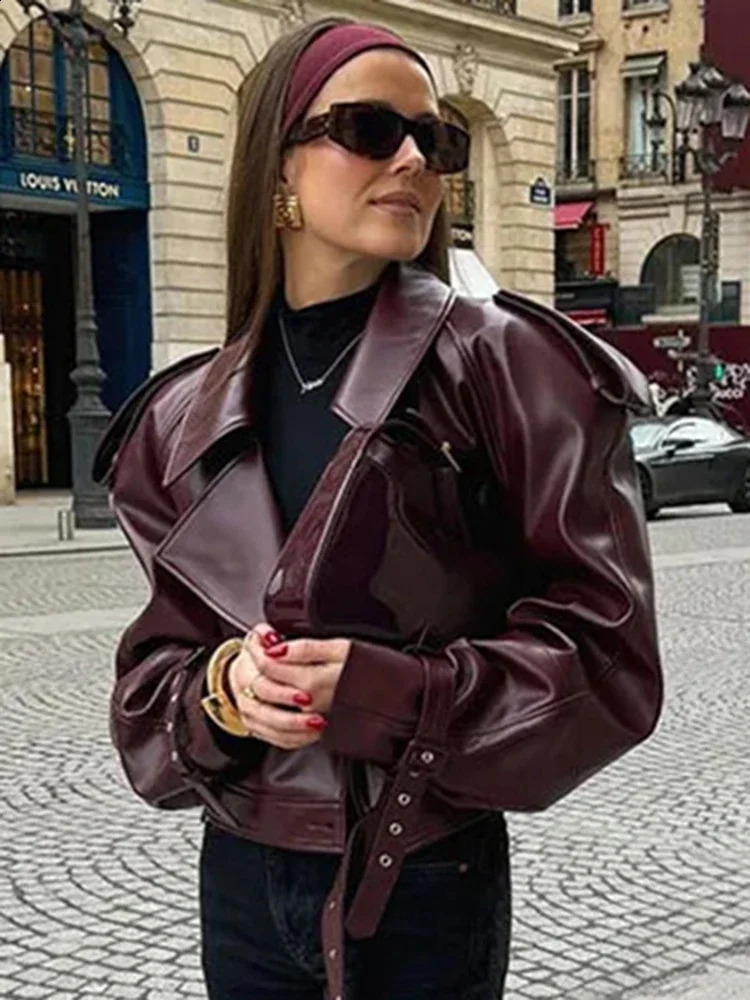 OIINAA Faux Leather Jackets for Women Coats PU Moto Biker Long Sleeve Turn-down Collar Vintage Outerwears Fashion Jackets 240813