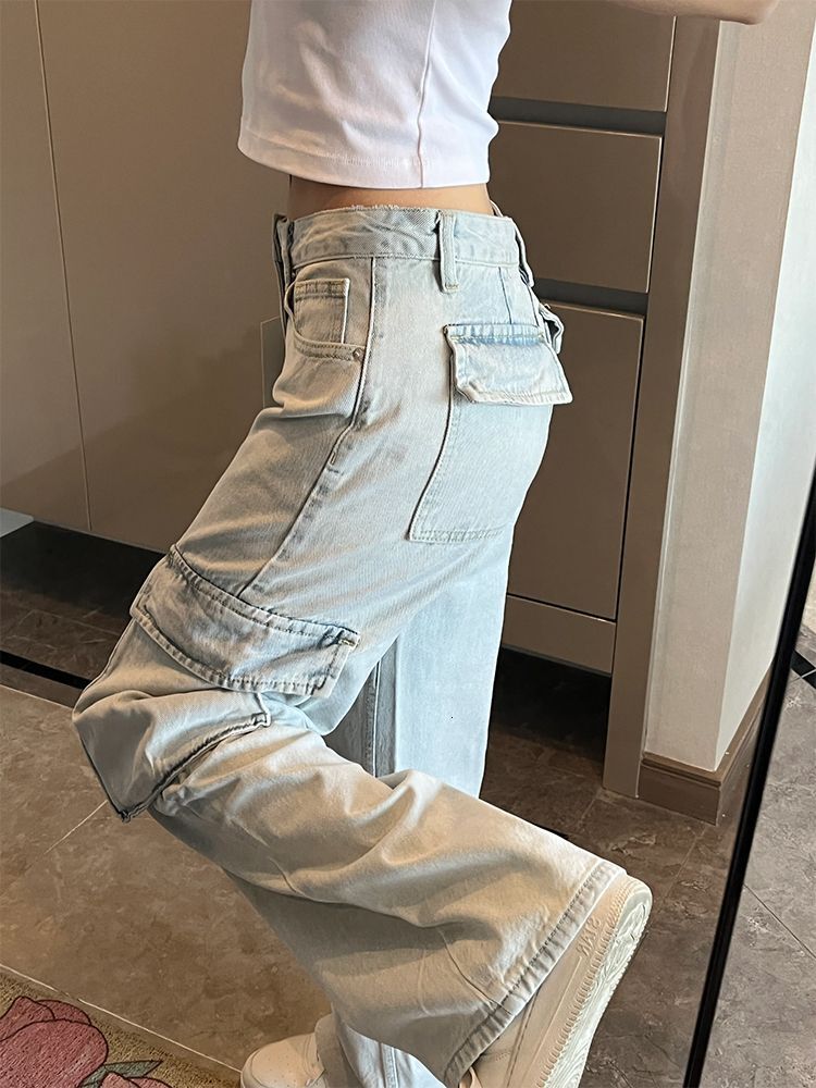 American retro large pocket workwear straight leg jeans for women's designers, summer light color loose wide leg pants, fashionable