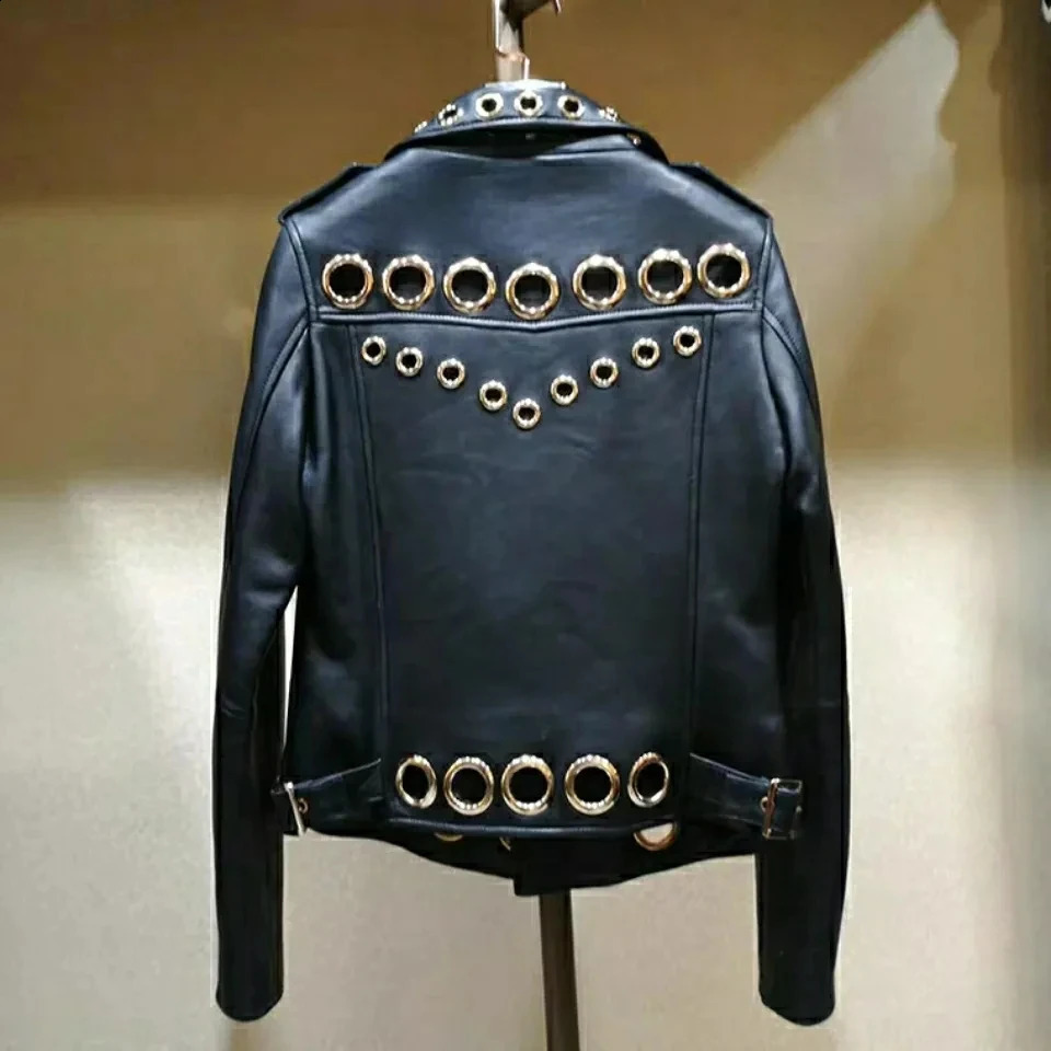Women Chic Faux Leather Motorcycle Jacket Fall PU Locomotive Bomber Coat Zipper Cardigan Metal Rings Hollow Streetwear Crop Tops 240813