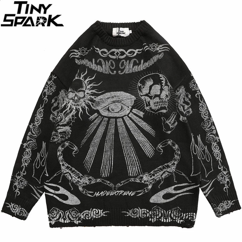 Hip Hop Knitted Sweater Streetwear Rose Eye Scorpion Print Ripped Pullover Men Harajuku Cotton Casual Autumn Sweater Skull 240821