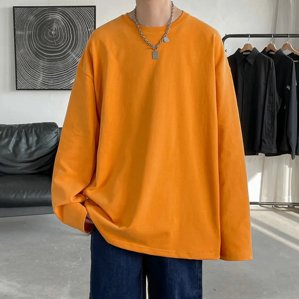 Long Sleeve Casual Solid Color Cotton T Shirt For Men Spring Autumn O-neck Oversized Mens T-shirt 240814