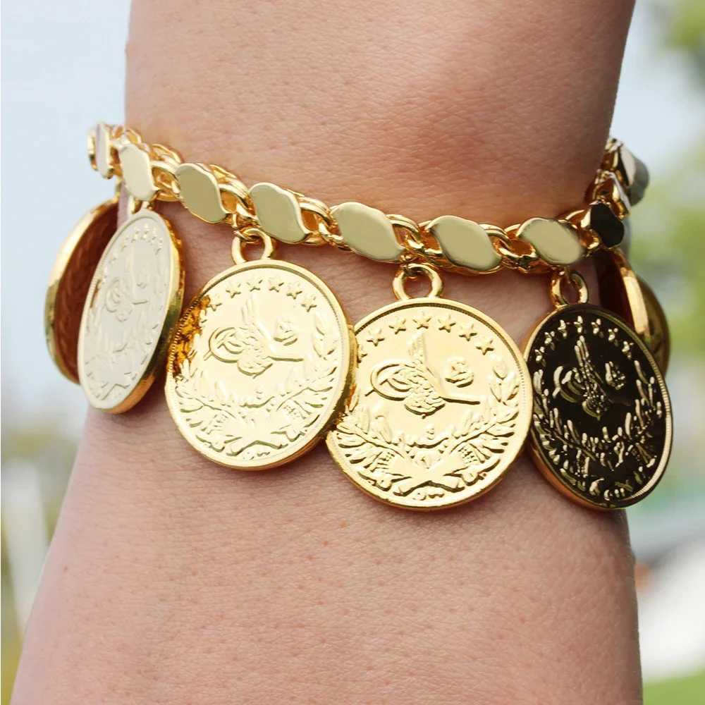 Charm Bracelets Punk Personality Gold Plated Portrait Coin Bracelet Womens Round Pendant Carving Trkiye Flower Jewelry Accessories Q240814