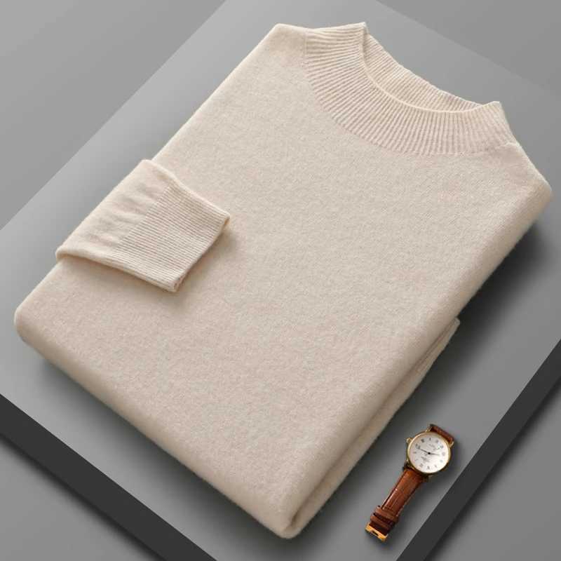 New mens semi high neck sweater pure wool knitted sweater single line ready-made warm underwear casual sweaterW240729