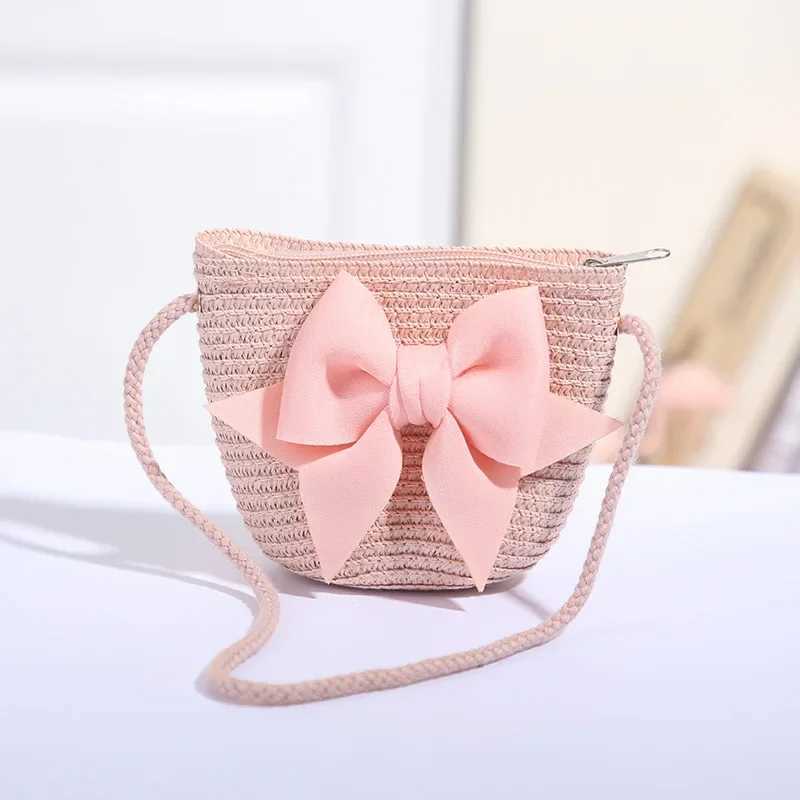 Cute bow straw shoulder bag baby bag hand woven cross body bag princess bag childrens messenger bag mini coin wallet beach handbag W240813