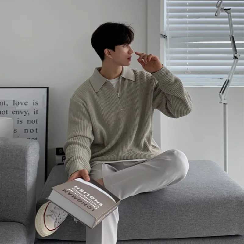 Korean high-quality youth polo neck sweater mens winter thick loose half zipper sweater autumn and winter Japanese retro brandW240729