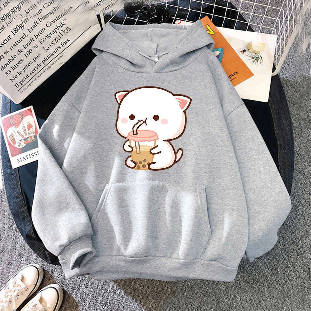 Hoodies Women's Peach And Rubber Haruku Kawaii Sweatshirt Cat Drink Milk Tea Autumn Winter Plus Size Pullover Unisex Clothes