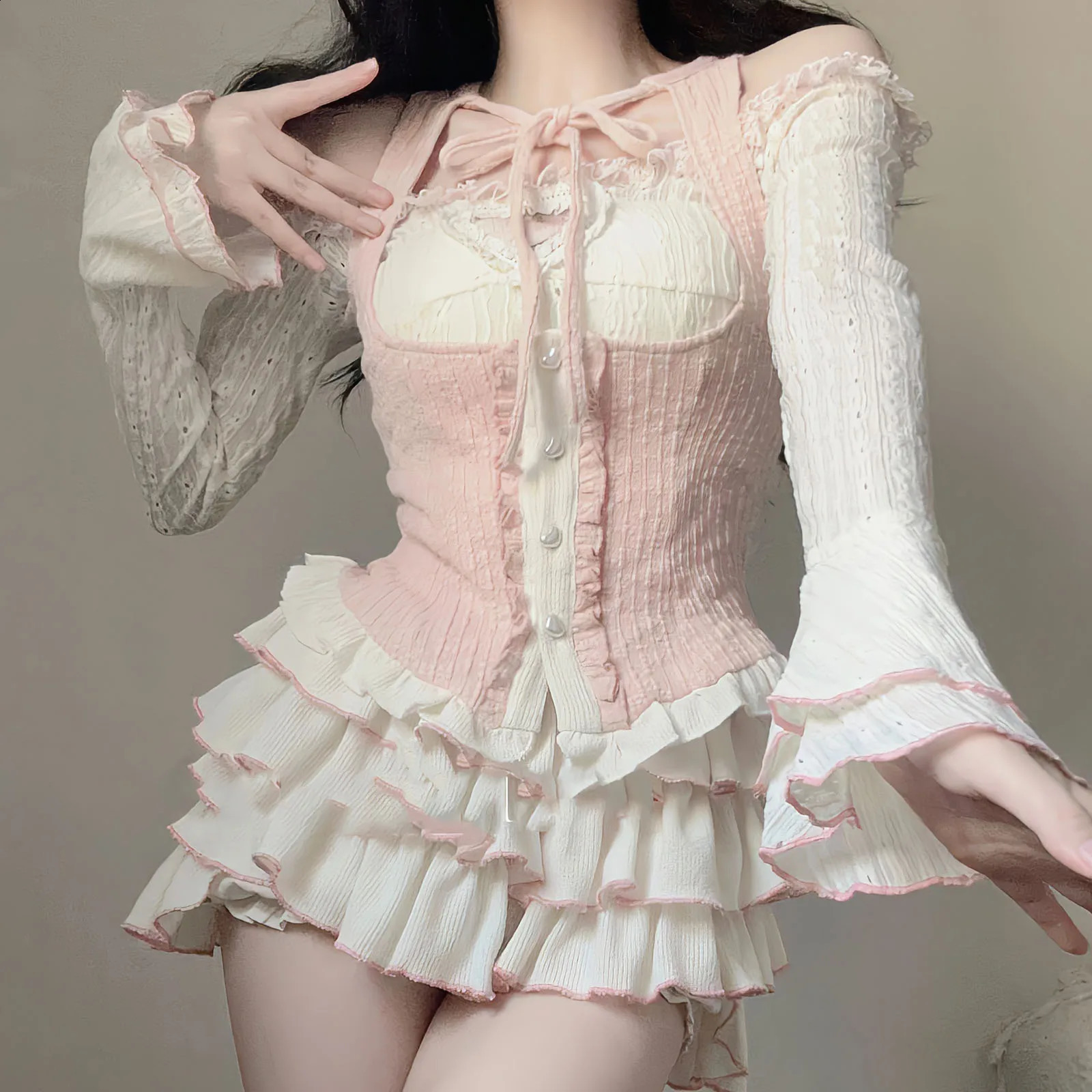 Kawaii Clothing Knitted 3Piece Set Tutu Skirts Sets Y2k Crop Tops BlouseMini Lolita Suit Japanese Korean Fashion Outfits 240809