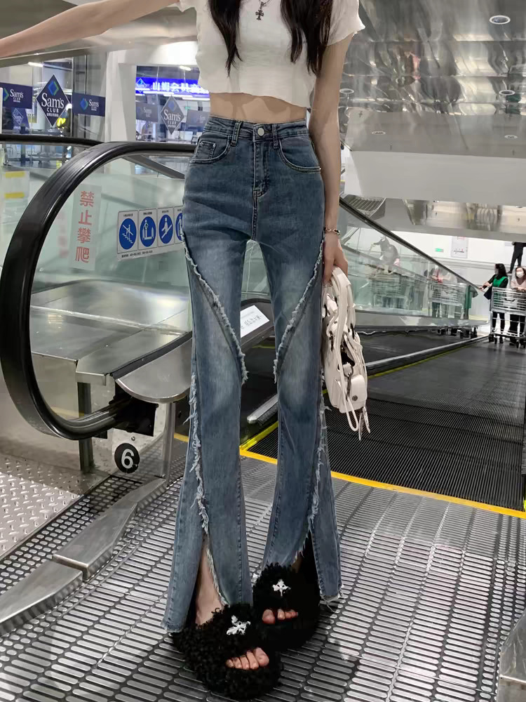 Blue stretch split jeans for women in spring and autumn, straight leg, slimming, plus size, fat, mm, high waist, slightly flared pear shaped figure pa