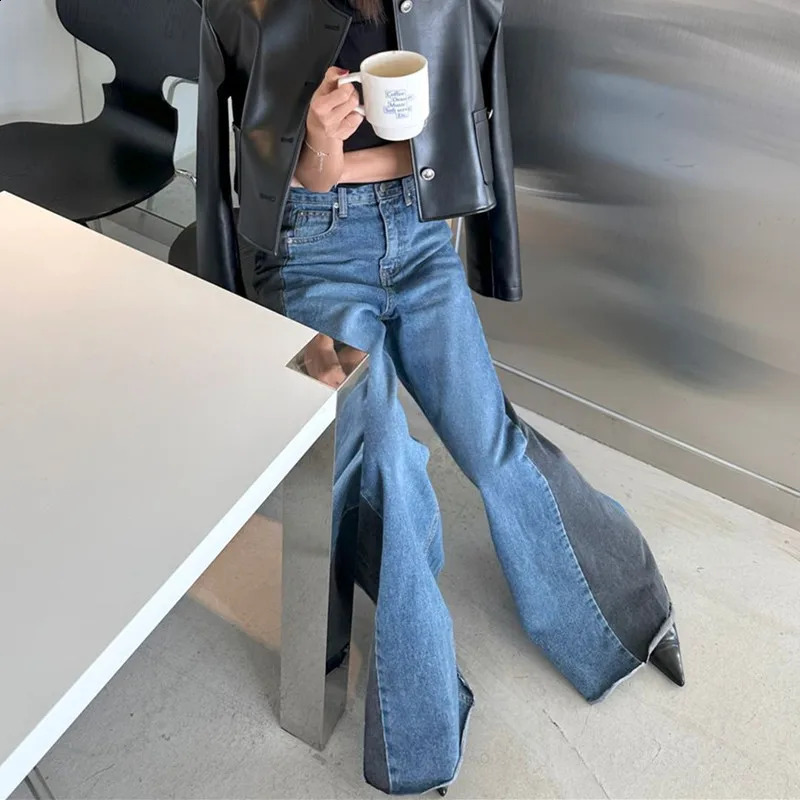 Y2K Fashion Patchwork Vintage Blue Baggy Flare Jeans Pants For Women Clothes Loose Wide Leg Denim Trousers Pantalon Femme 240813