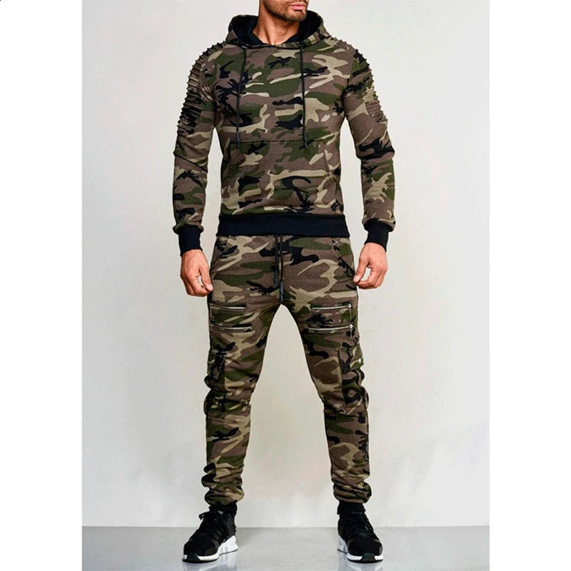 Autumn Winter Male Loose Casual Camouflage Printing Hoodies Elastic Waist Pants Set Men Zipperhooded Sweatshirt Sweatpants Suit 240813
