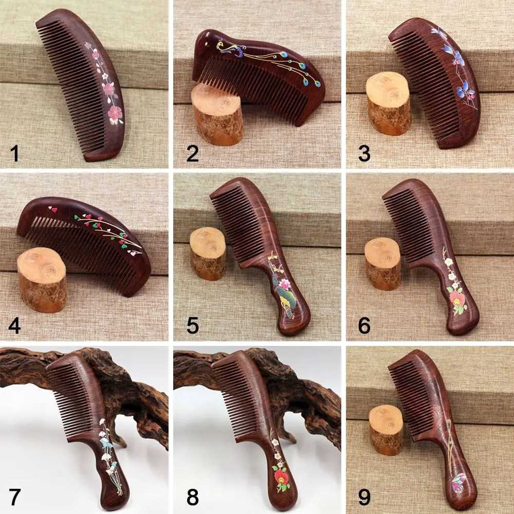 Natural hawthorn comb anti-static density fine tooth butterfly flower lacquer wood comb head massager hair comb styling tool W240813