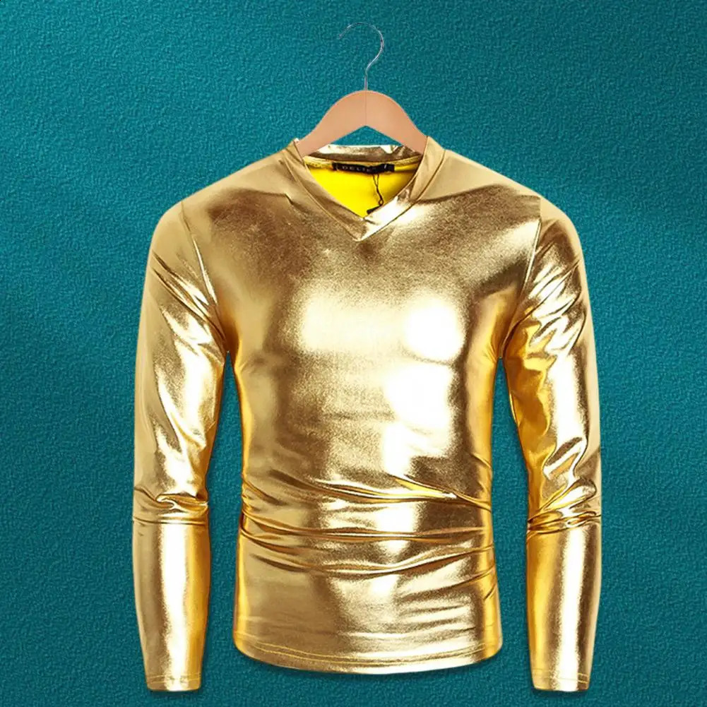 Men T-shirt Glossy Appearance Solid Color Long Sleeve Top V Neck Slim Fit T-shirt Nightclub Party Performance Costumes for Home 240814