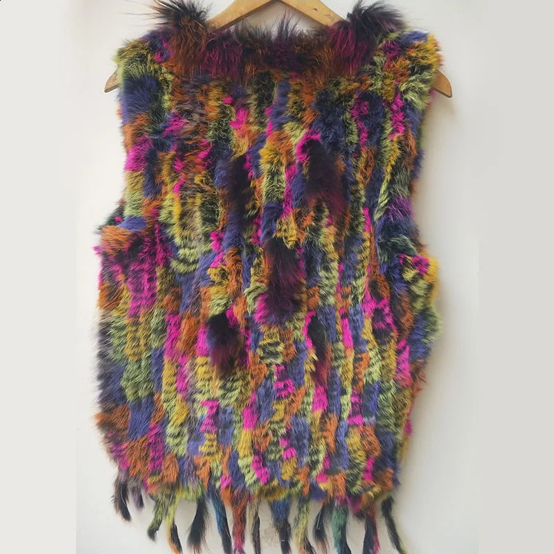 Autumn Knitted Real Rabbit Fur Vest Women Warm Genuine Fur Gilets Female Causual Genuine Fur Waistcoat 240814