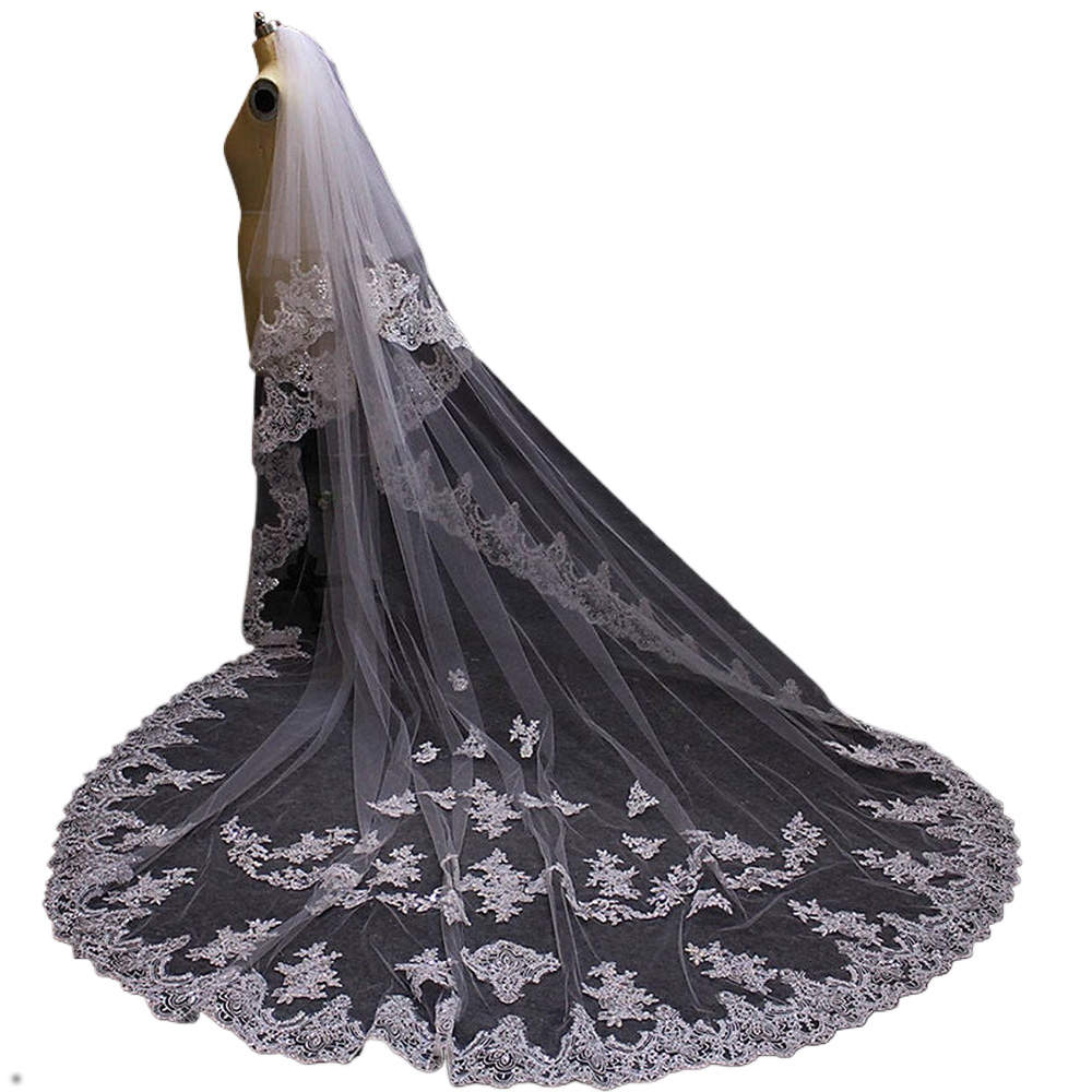 Luxury Wedding Veil Appliques Lace Long Special Cut Royal Bridal Veil with Comb Veil 3M White Ivory Wedding Accessories Custom Made