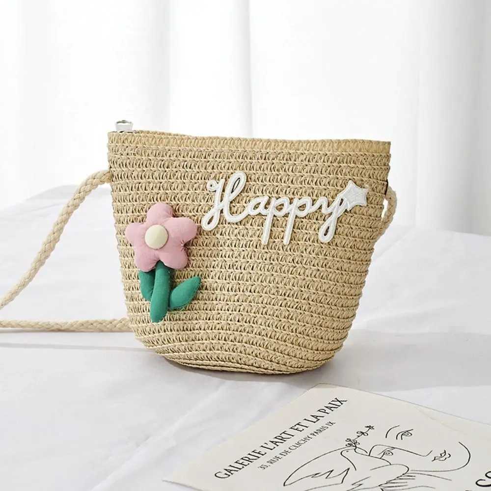 Cute childrens straw shoulder bag flower baby girl small bucket cross bag childrens mini coin wallet beach handbag W240813