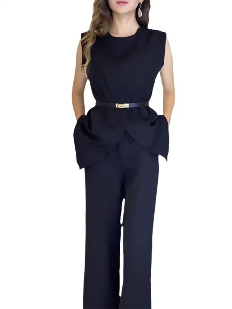 Round Neck Belt Sleeveless White High Waist Tops Solid Color Wide Leg Long Pants Slim Fit Elegant Two Piece Sets Women Pants Set 240813